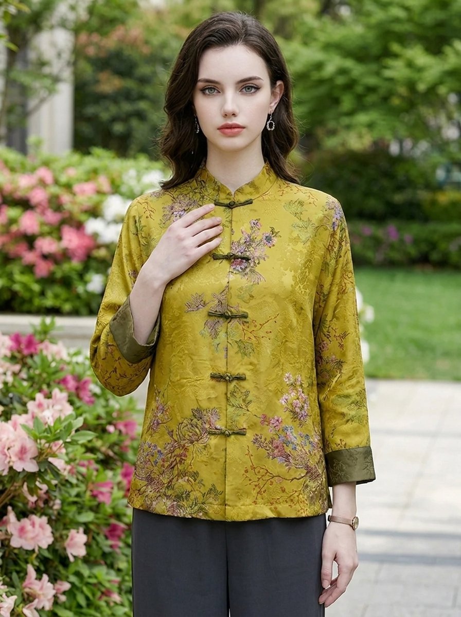 Mia | Women's Chinese-Style Mandarin Collar Floral Satin Coat