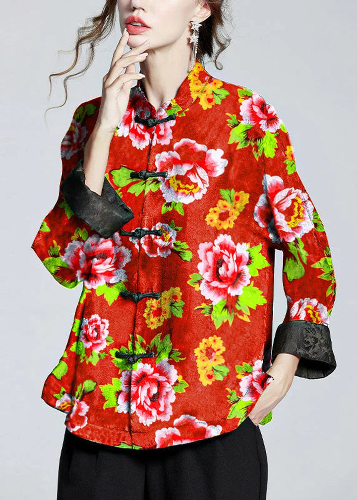 Mia | Women's Chinese-Style Mandarin Collar Floral Satin Coat