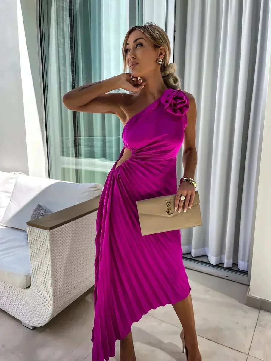 Ella | Women's Christmas Party Dress Asymmetric Pleated Midi Rose Cut-Out