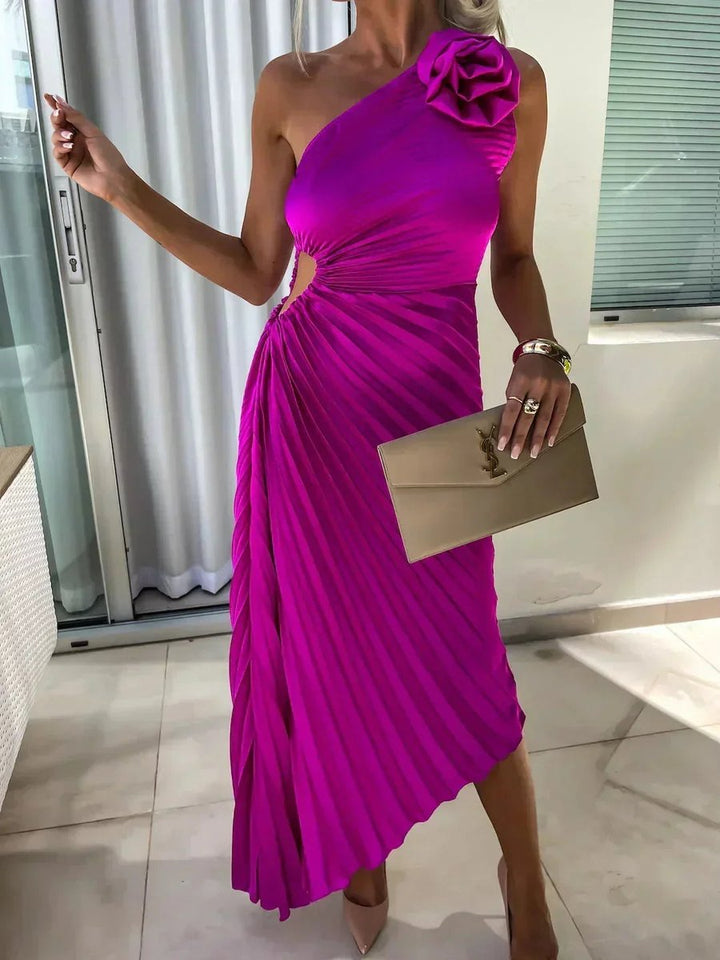 Ella | Women's Christmas Party Dress Asymmetric Pleated Midi Rose Cut-Out
