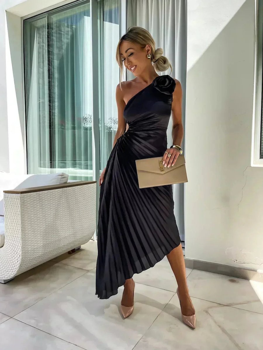 Ella | Women's Christmas Party Dress Asymmetric Pleated Midi Rose Cut-Out