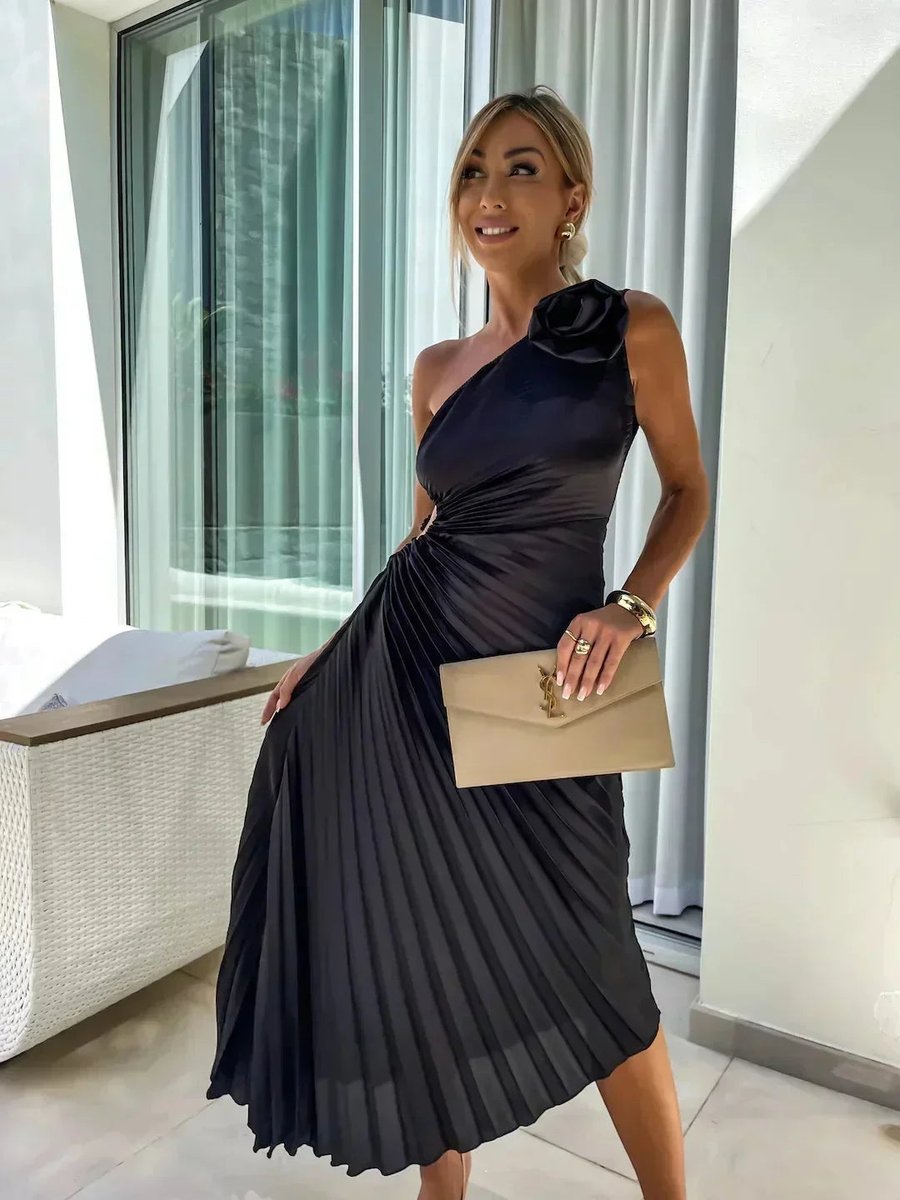 Ella | Women's Christmas Party Dress Asymmetric Pleated Midi Rose Cut-Out