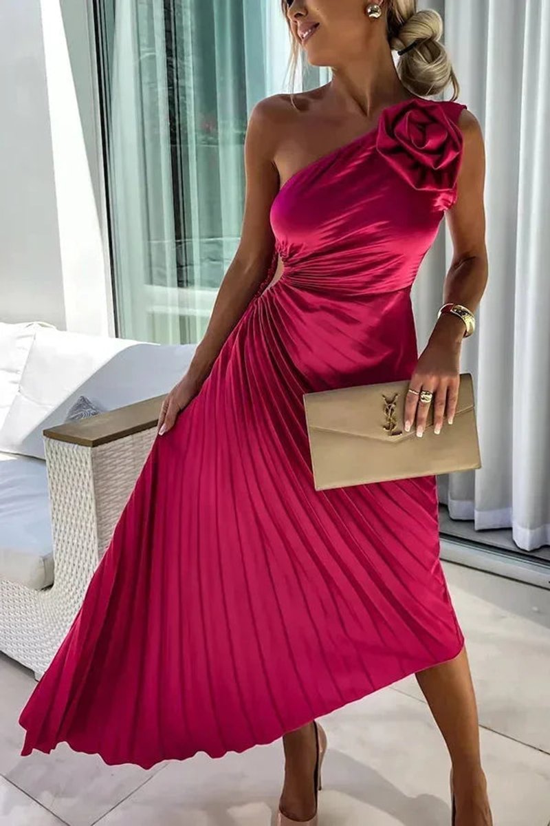 Ella | Women's Christmas Party Dress Asymmetric Pleated Midi Rose Cut-Out