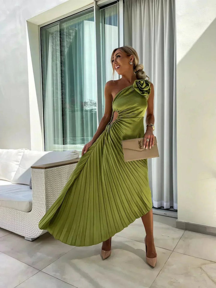 Ella | Women's Christmas Party Dress Asymmetric Pleated Midi Rose Cut-Out