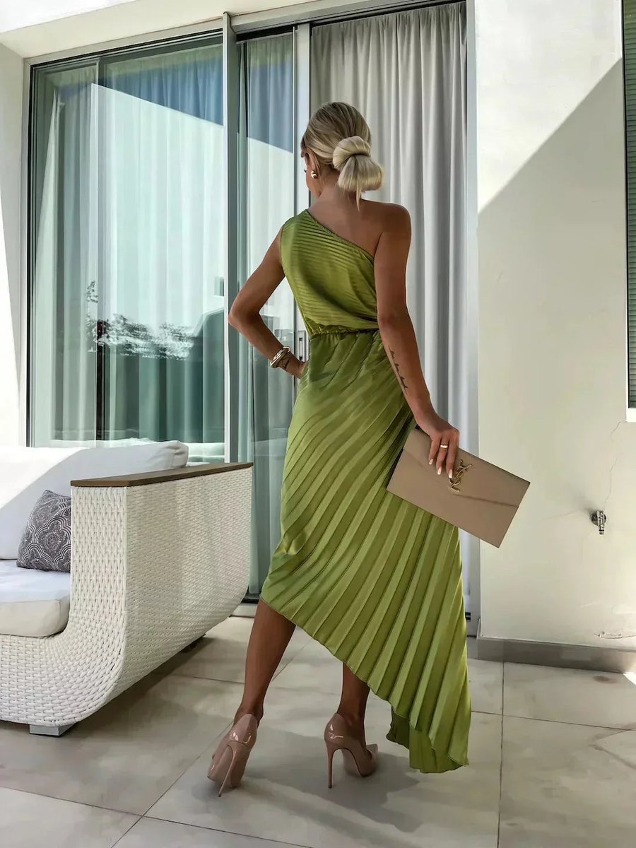 Ella | Women's Christmas Party Dress Asymmetric Pleated Midi Rose Cut-Out