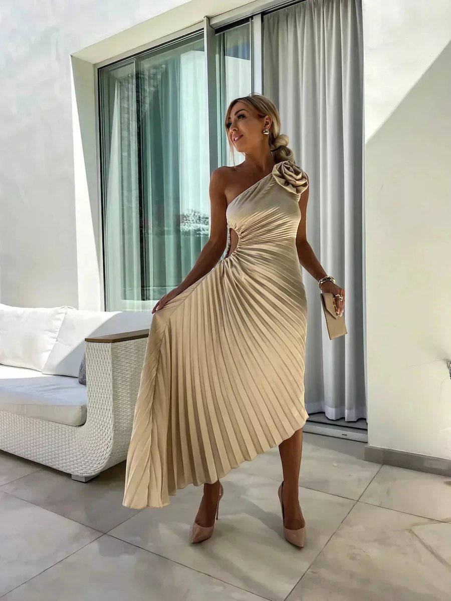 Ella | Women's Christmas Party Dress Asymmetric Pleated Midi Rose Cut-Out