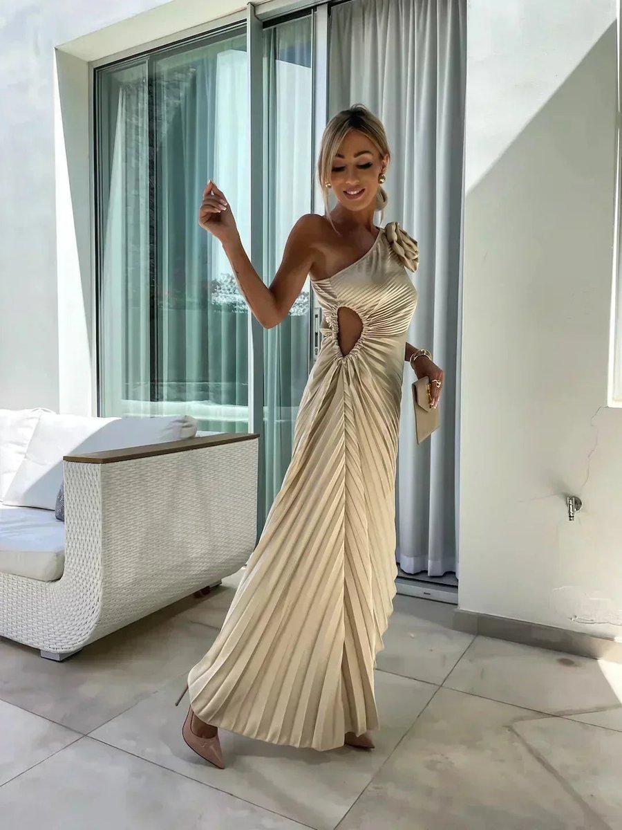 Ella | Women's Christmas Party Dress Asymmetric Pleated Midi Rose Cut-Out