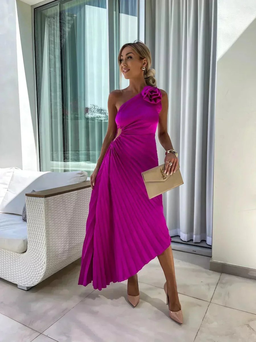 Ella | Women's Christmas Party Dress Asymmetric Pleated Midi Rose Cut-Out