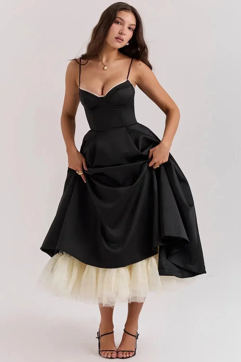 Grace | Women's Christmas Party Dress Black Satin Corset Midi Tulle Hem