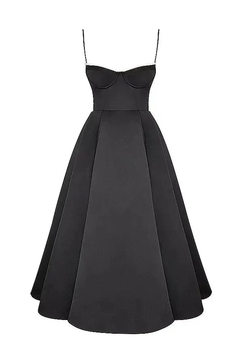 Grace | Women's Christmas Party Dress Black Satin Corset Midi Tulle Hem
