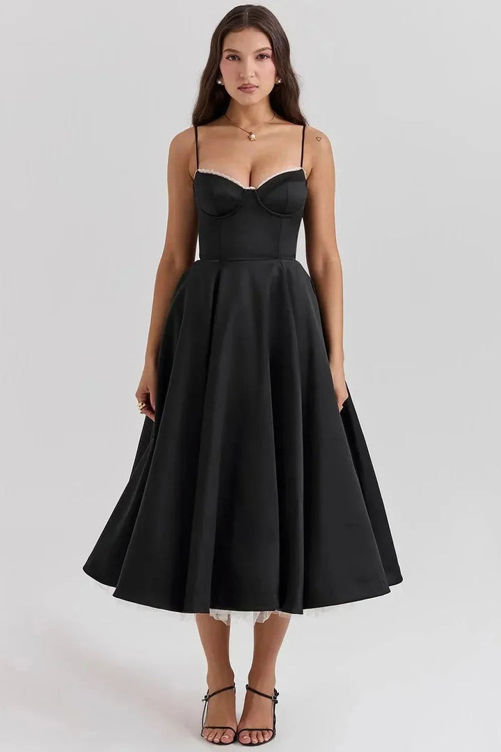 Grace | Women's Christmas Party Dress Black Satin Corset Midi Tulle Hem