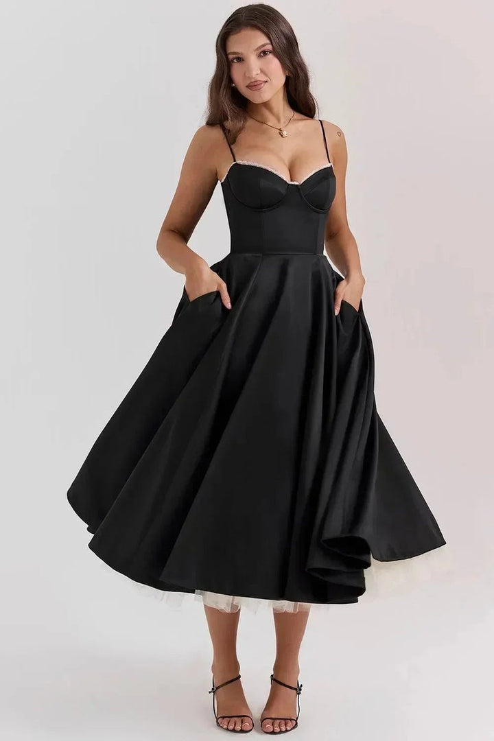 Grace | Women's Christmas Party Dress Black Satin Corset Midi Tulle Hem