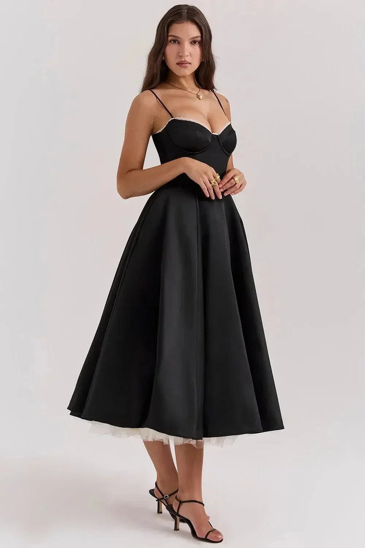 Grace | Women's Christmas Party Dress Black Satin Corset Midi Tulle Hem