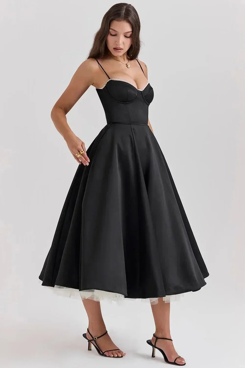 Grace | Women's Christmas Party Dress Black Satin Corset Midi Tulle Hem