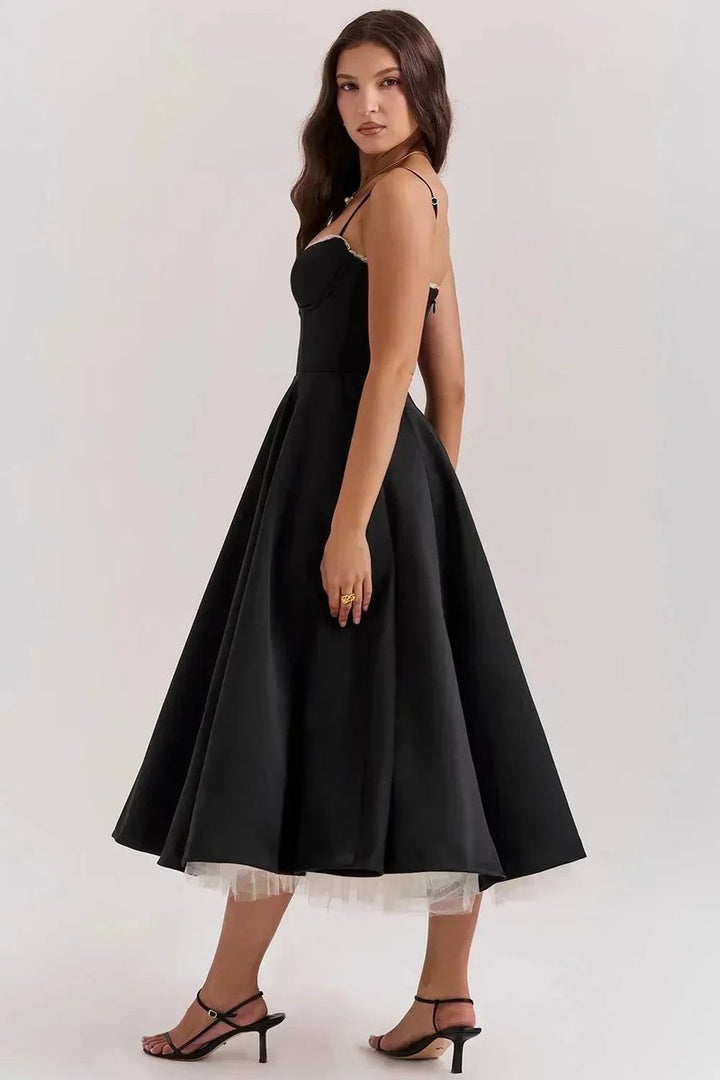Grace | Women's Christmas Party Dress Black Satin Corset Midi Tulle Hem