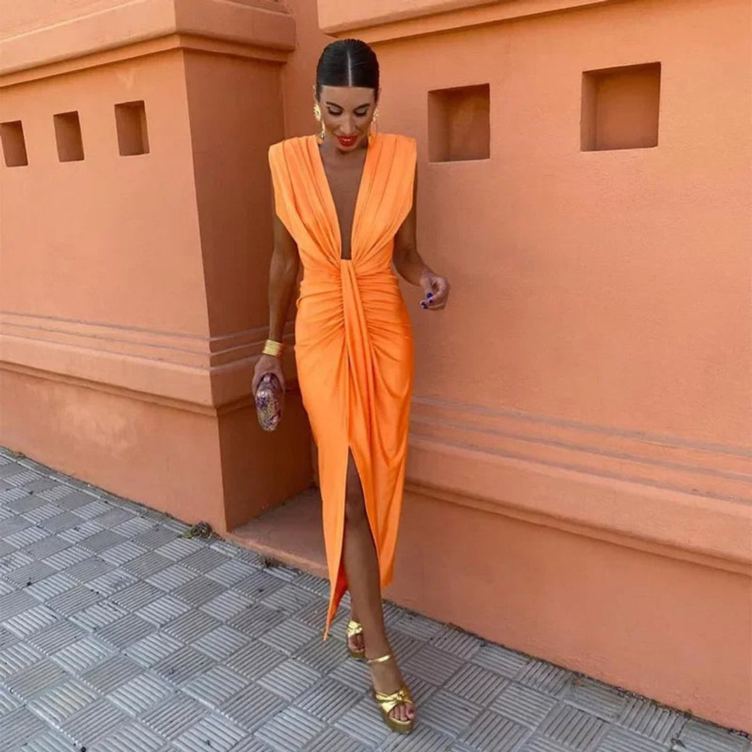 Emily | Women's Christmas Party Dress Deep V-Neck Draped Midi Slit