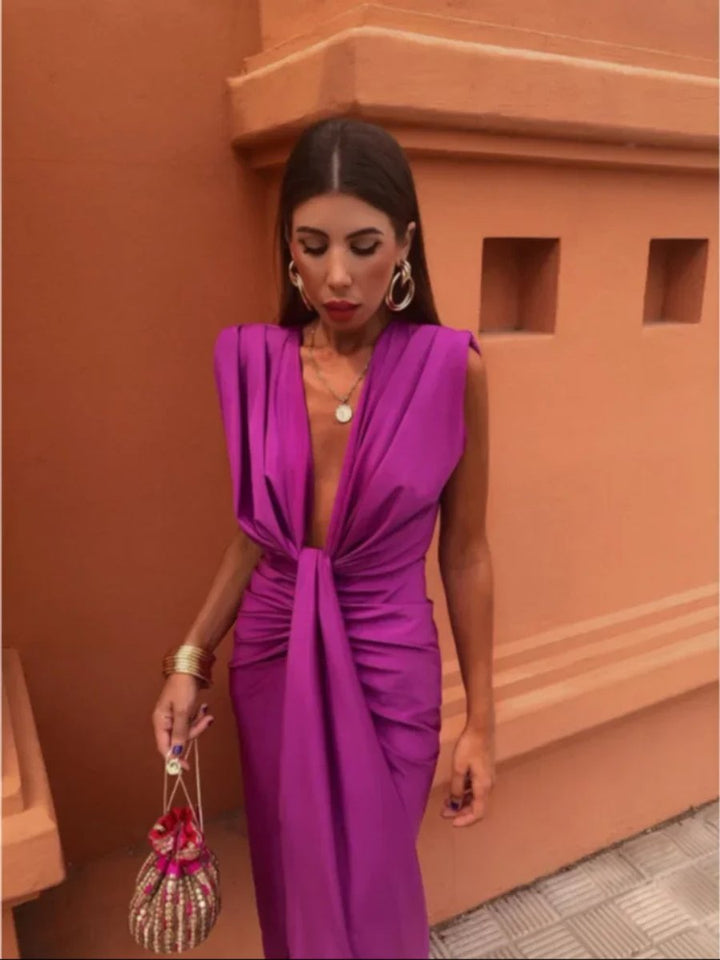 Emily | Women's Christmas Party Dress Deep V-Neck Draped Midi Slit