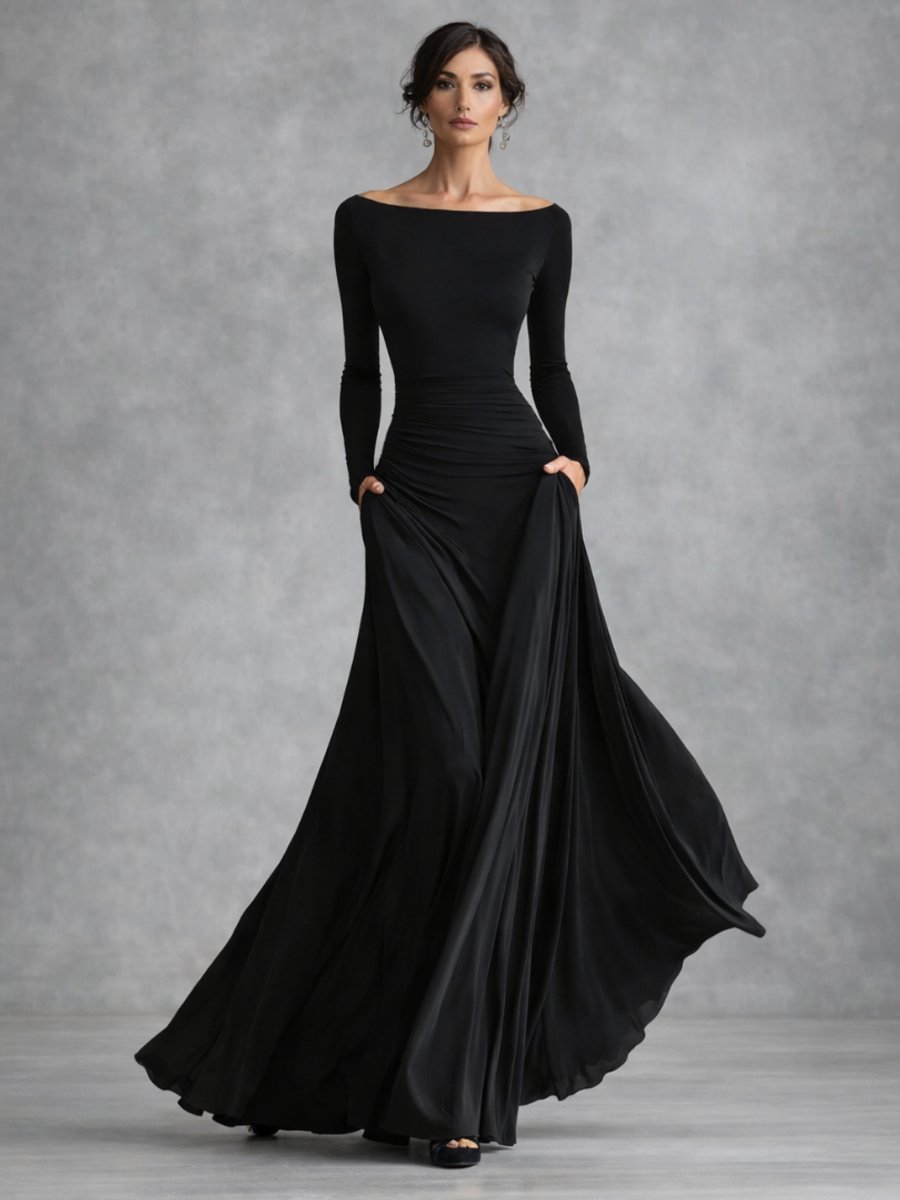 Sienna | Women's Christmas Party Dress Draped Boat-Neck Long-Sleeve Maxi Dress