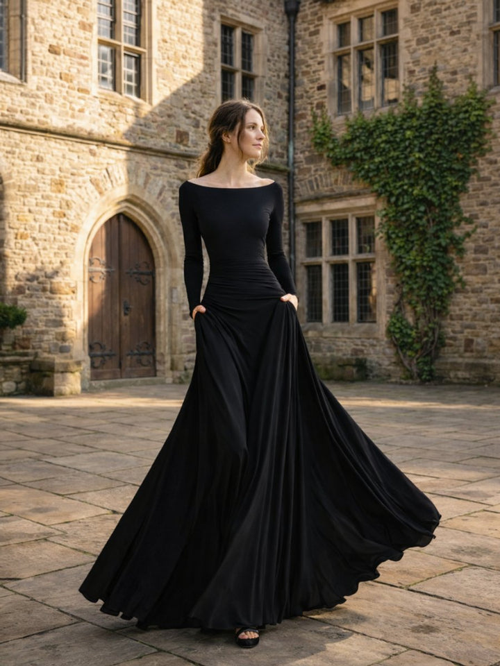 Sienna | Women's Christmas Party Dress Draped Boat-Neck Long-Sleeve Maxi Dress