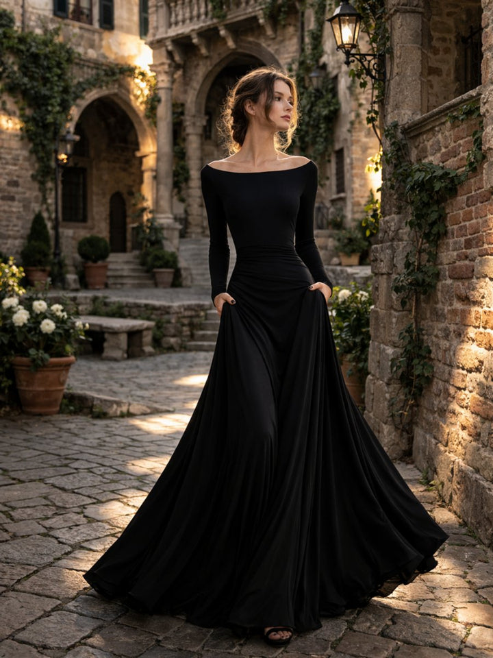 Sienna | Women's Christmas Party Dress Draped Boat-Neck Long-Sleeve Maxi Dress