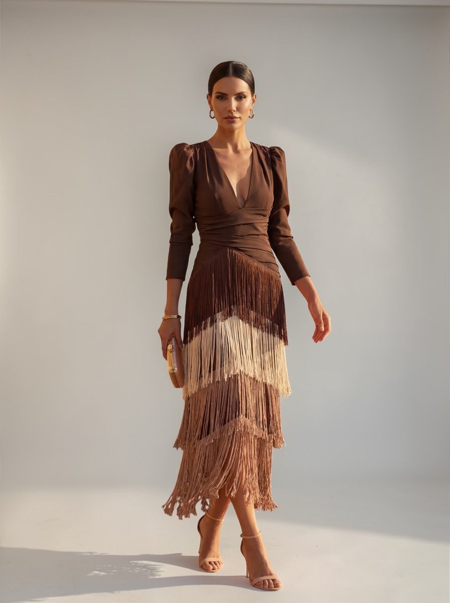 Ivy | Women's Christmas Party Dress Draped V-Neck Tiered Fringe Midi
