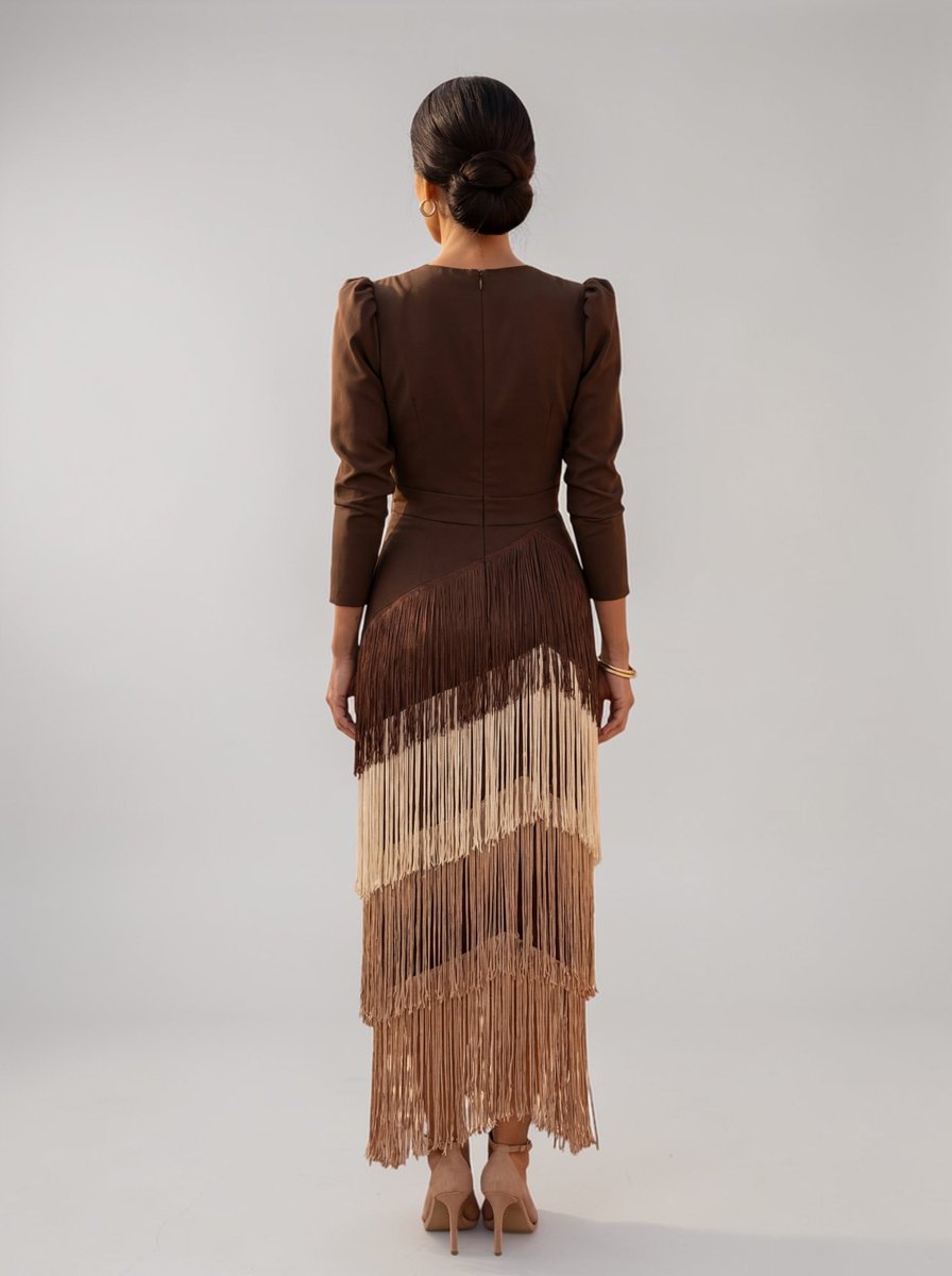 Ivy | Women's Christmas Party Dress Draped V-Neck Tiered Fringe Midi