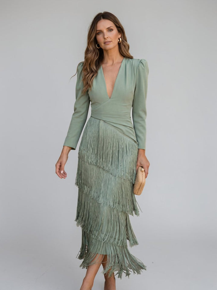 Ivy | Women's Christmas Party Dress Draped V-Neck Tiered Fringe Midi