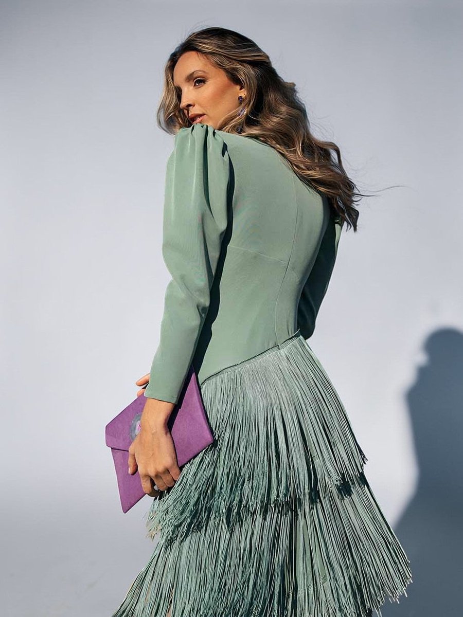 Ivy | Women's Christmas Party Dress Draped V-Neck Tiered Fringe Midi