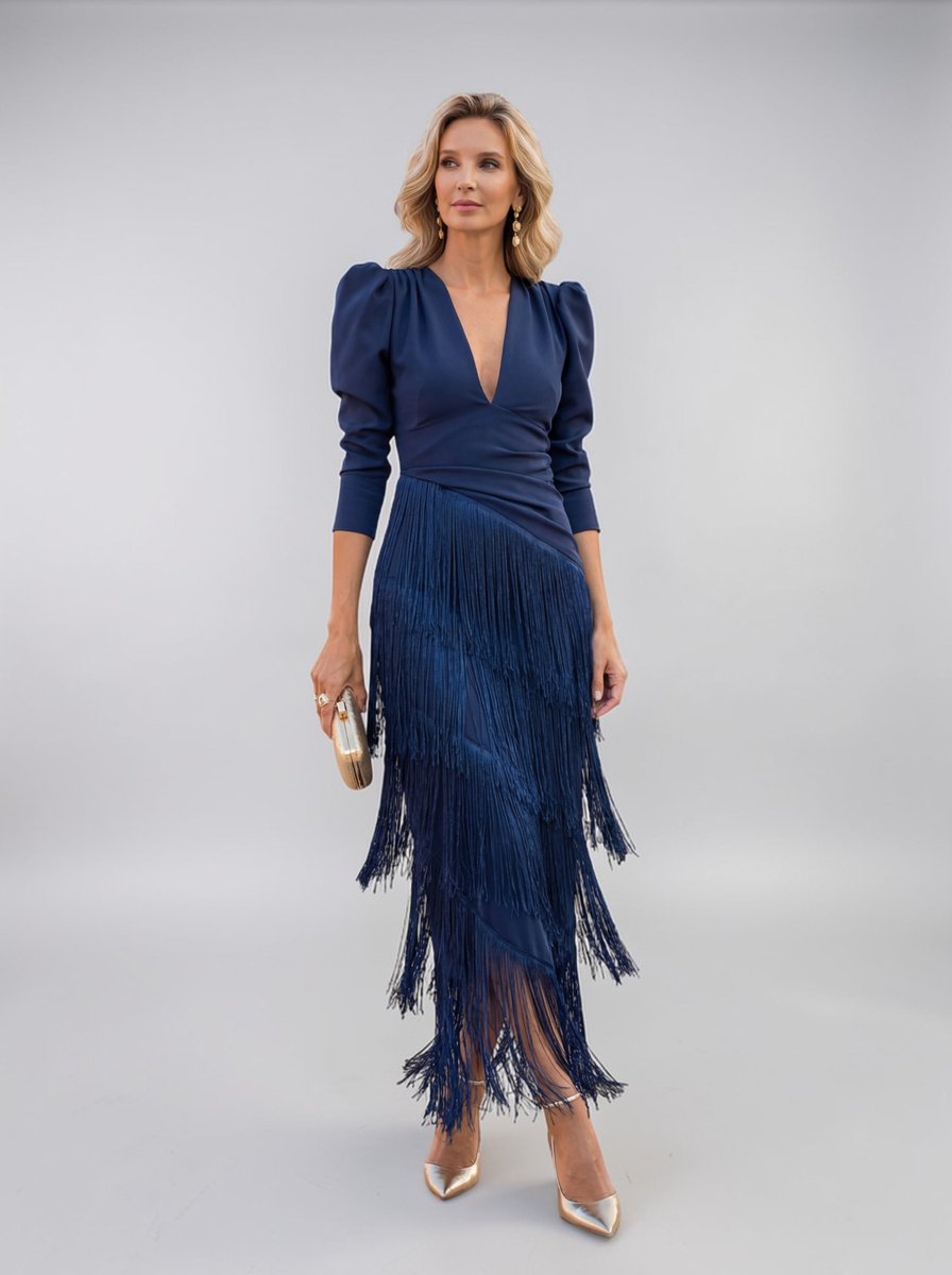 Ivy | Women's Christmas Party Dress Draped V-Neck Tiered Fringe Midi