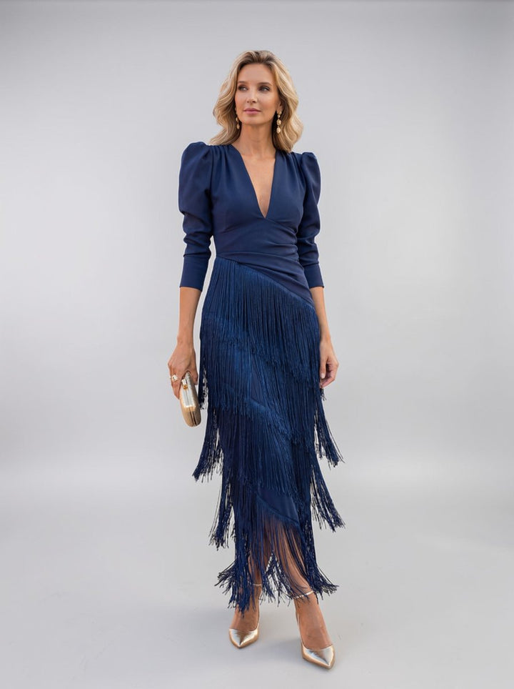 Ivy | Women's Christmas Party Dress Draped V-Neck Tiered Fringe Midi