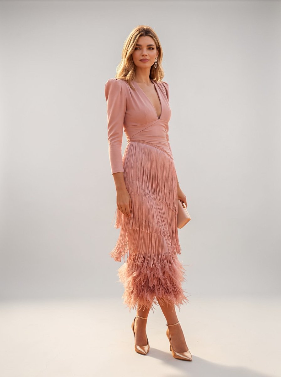 Ivy | Women's Christmas Party Dress Draped V-Neck Tiered Fringe Midi