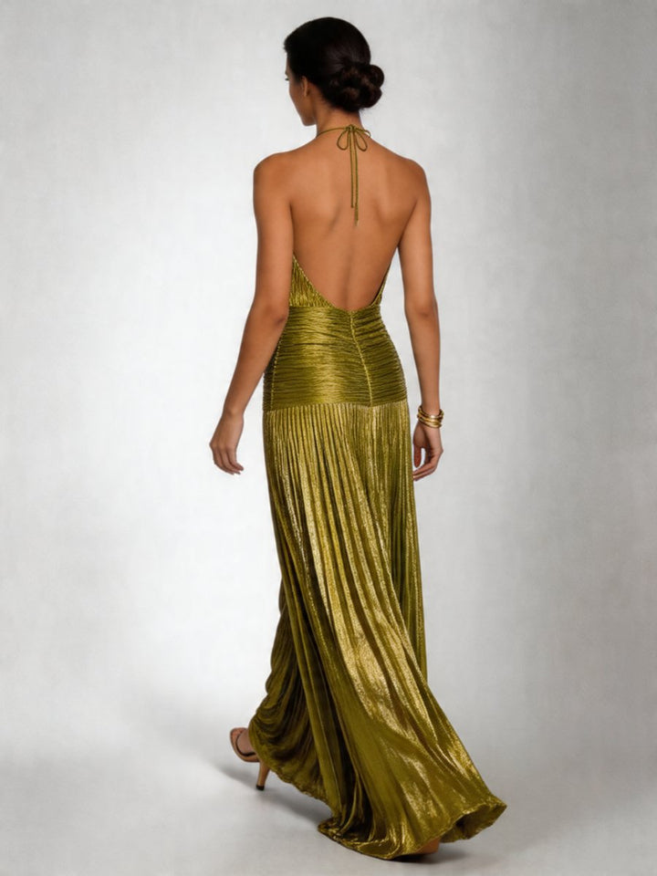 Olivia | Women's Halter Neck Pleated Maxi Party Dress High Slit