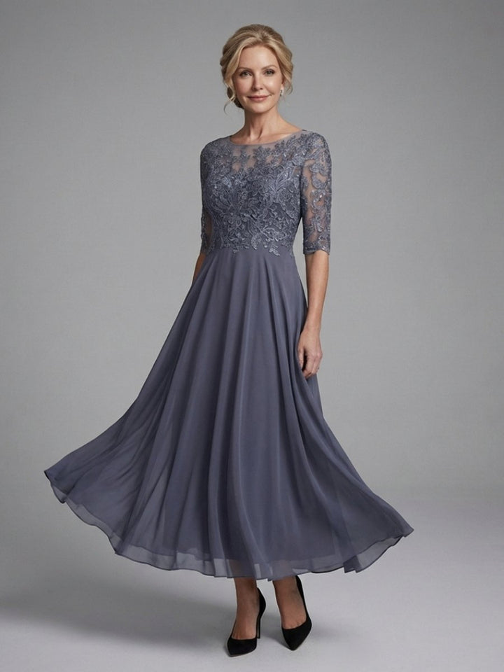 Amelia | Women's Christmas Party Dress Lace Bodice Sheer Sleeve Midi