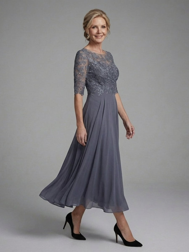 Amelia | Women's Christmas Party Dress Lace Bodice Sheer Sleeve Midi