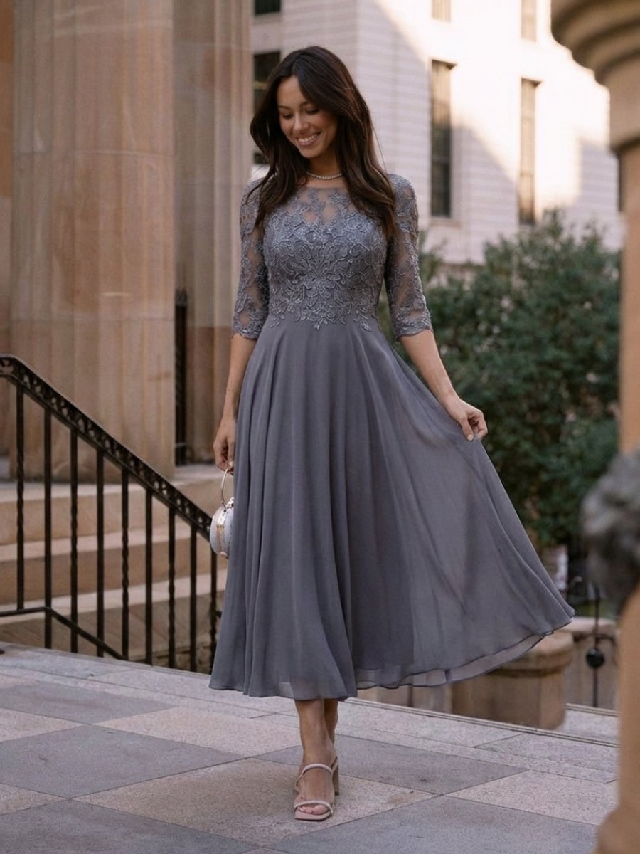 Amelia | Women's Christmas Party Dress Lace Bodice Sheer Sleeve Midi