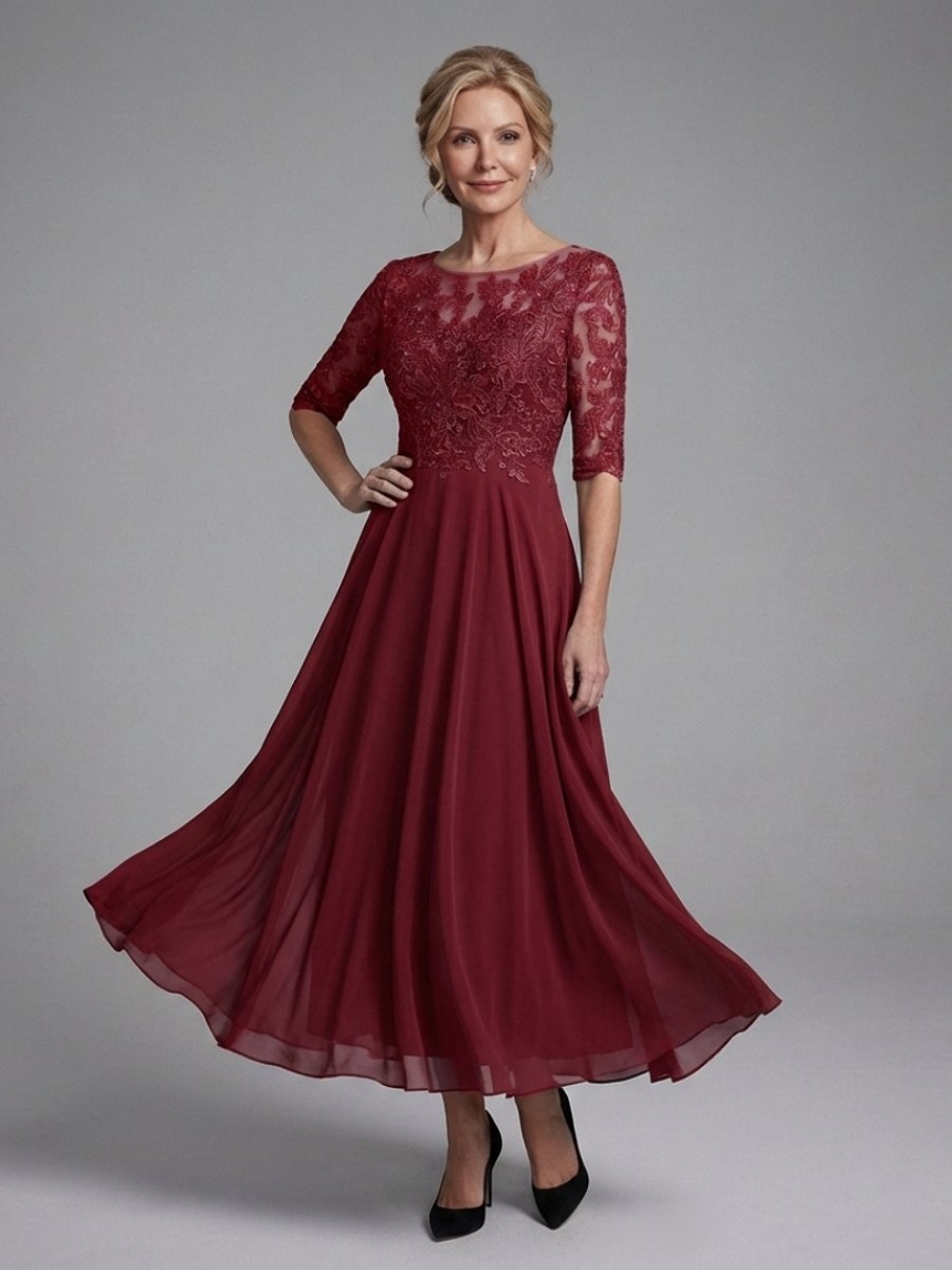 Amelia | Women's Christmas Party Dress Lace Bodice Sheer Sleeve Midi