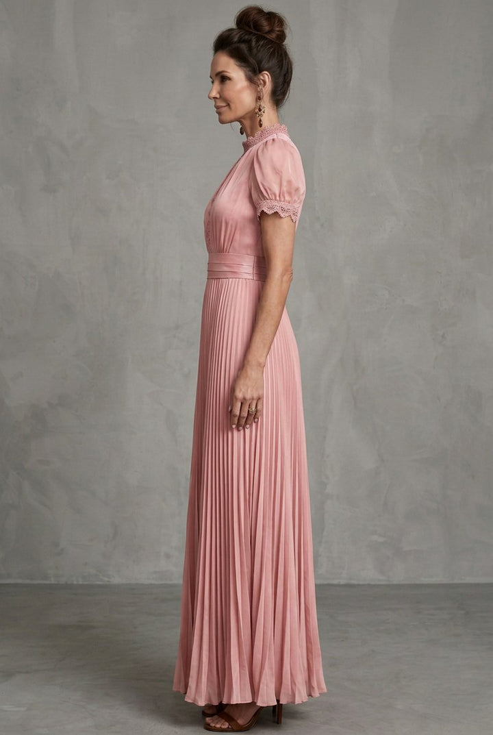 Lily | Women's Christmas Party Dress Lace-Trim Pleated Maxi Occasion Gown
