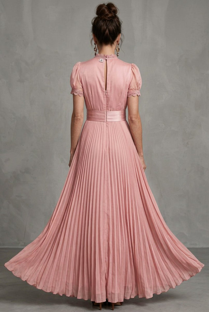 Lily | Women's Christmas Party Dress Lace-Trim Pleated Maxi Occasion Gown
