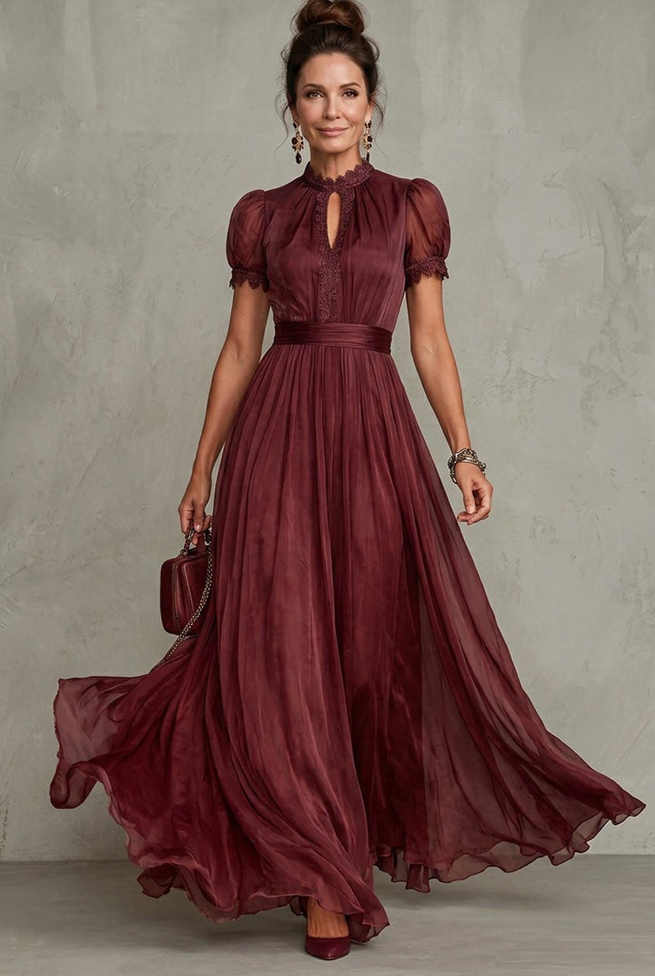 Lily | Women's Christmas Party Dress Lace-Trim Pleated Maxi Occasion Gown