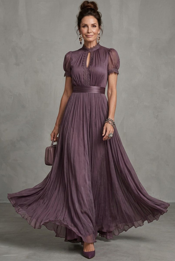 Lily | Women's Christmas Party Dress Lace-Trim Pleated Maxi Occasion Gown