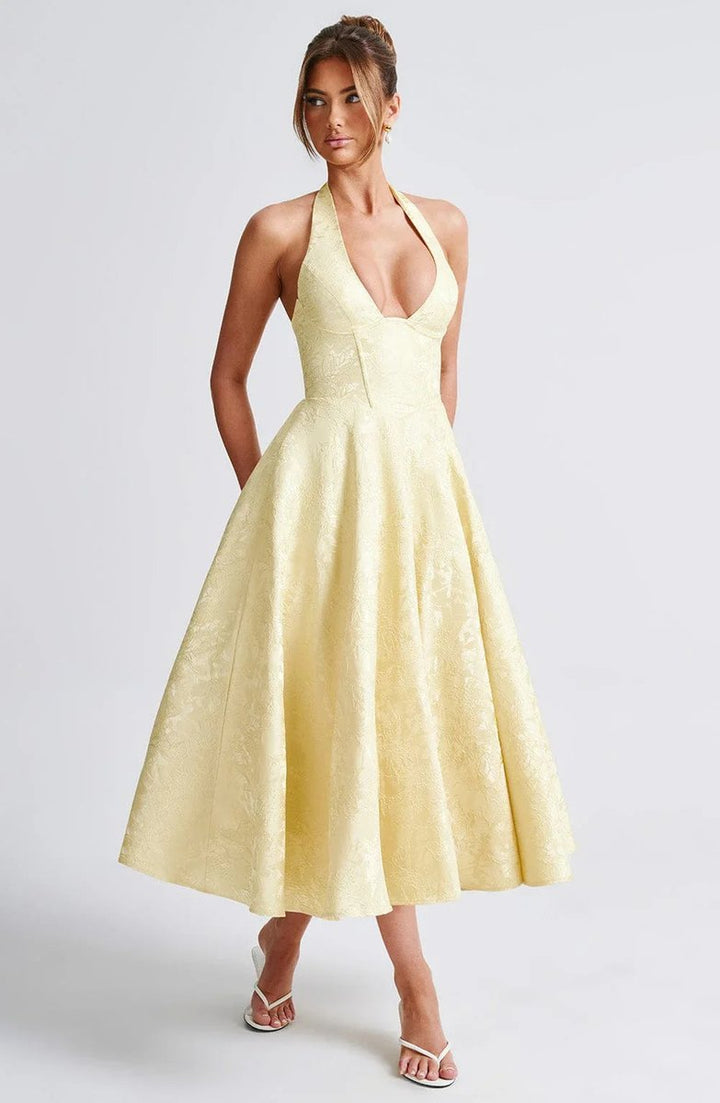 Olivia | Women's Jacquard Halter Neck Party Dress Open Back Flared Midi