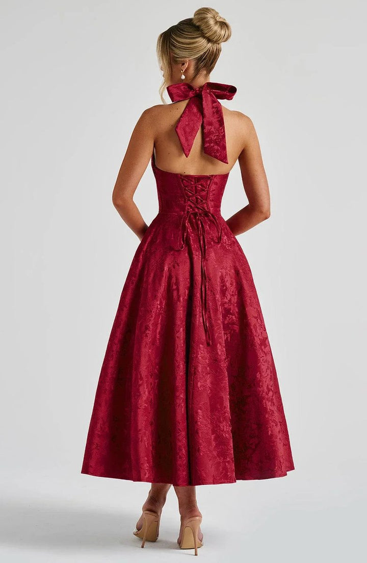 Olivia | Women's Jacquard Halter Neck Party Dress Open Back Flared Midi