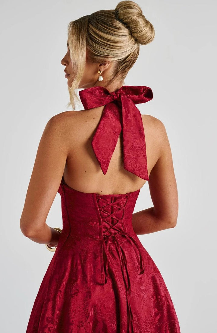 Olivia | Women's Jacquard Halter Neck Party Dress Open Back Flared Midi