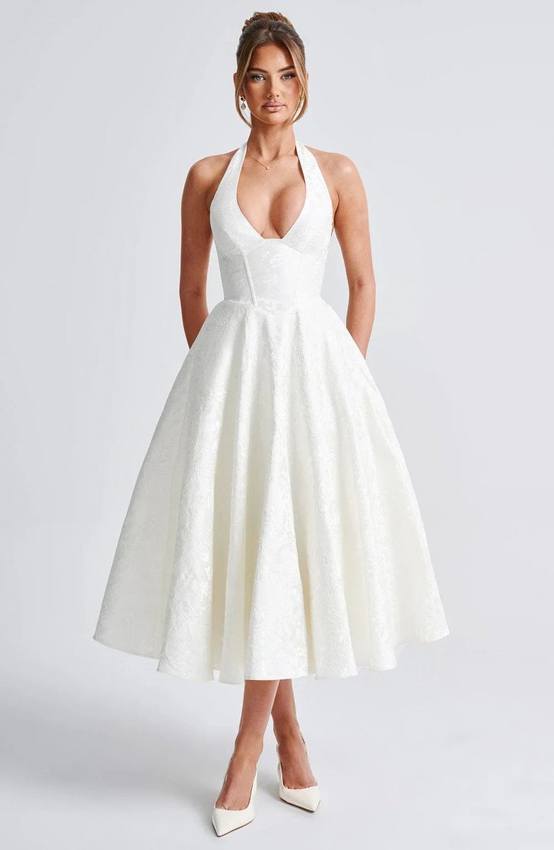 Olivia | Women's Jacquard Halter Neck Party Dress Open Back Flared Midi