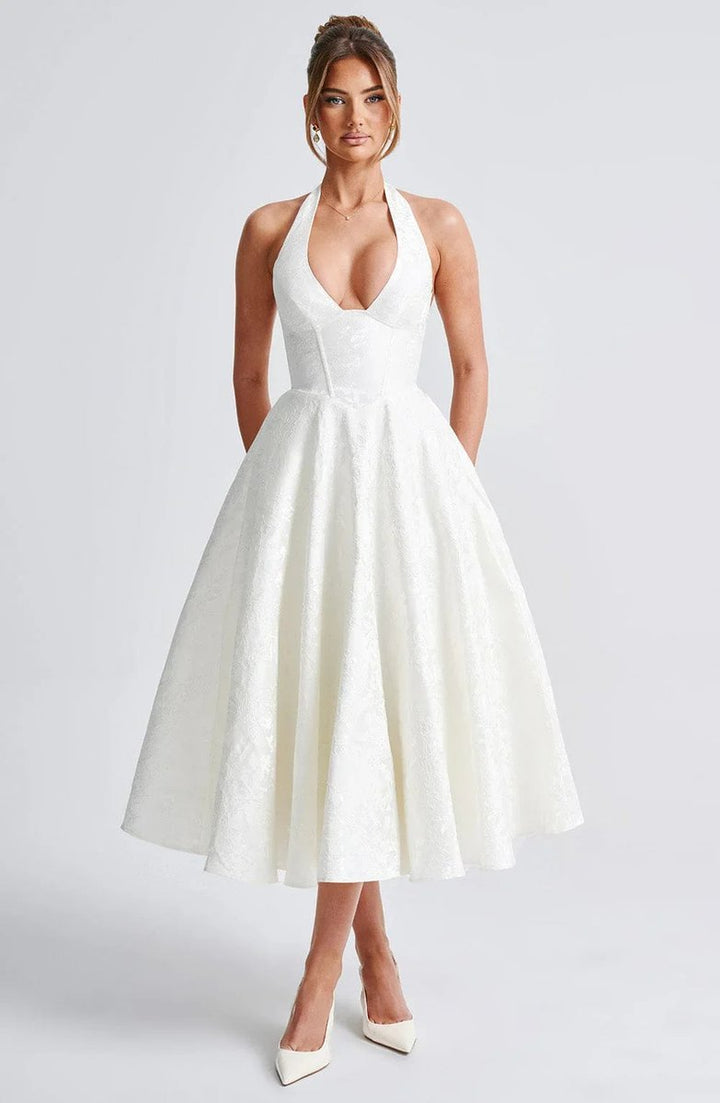 Olivia | Women's Jacquard Halter Neck Party Dress Open Back Flared Midi