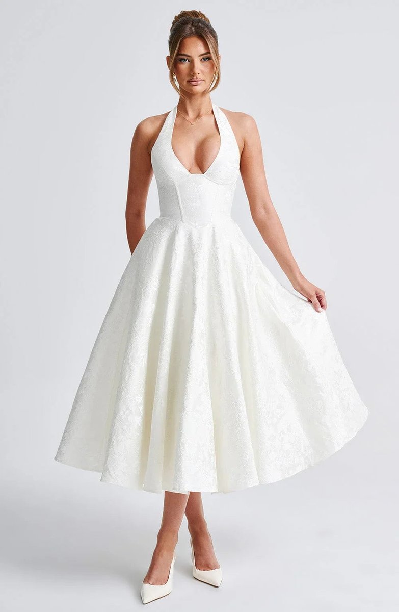 Olivia | Women's Jacquard Halter Neck Party Dress Open Back Flared Midi