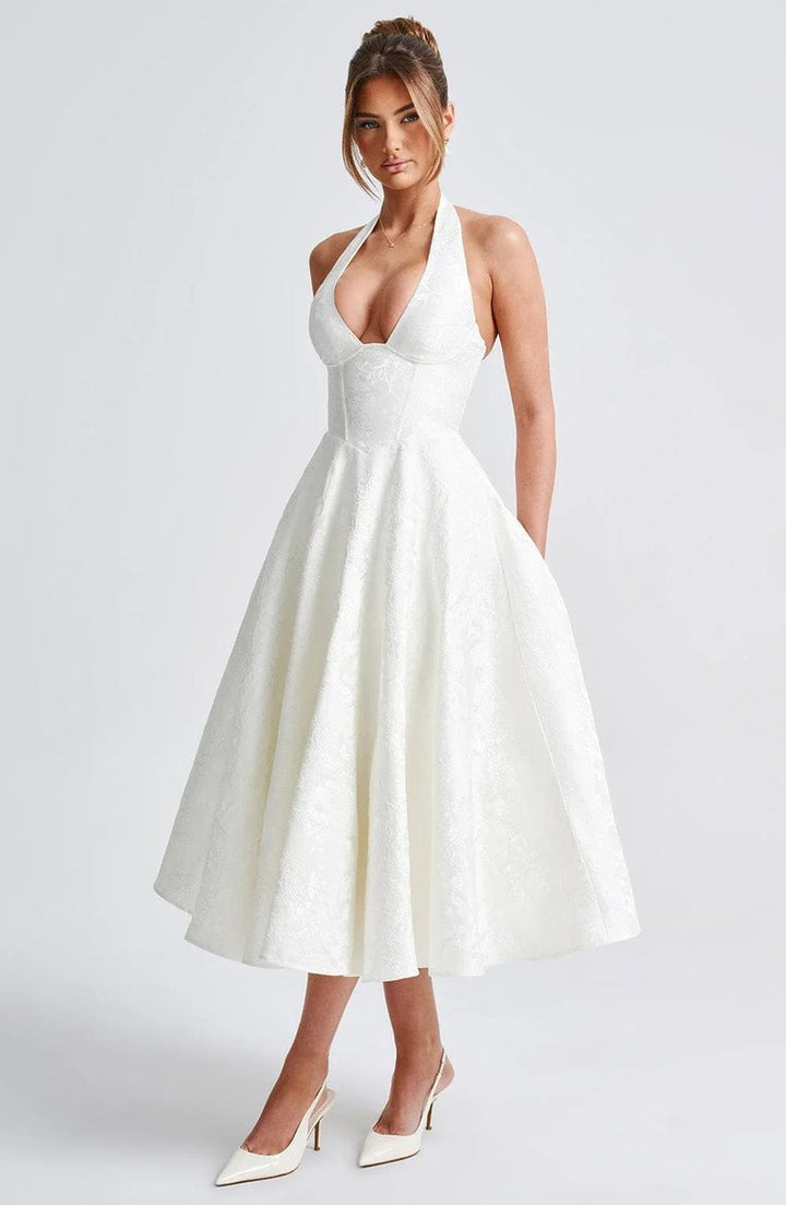 Olivia | Women's Jacquard Halter Neck Party Dress Open Back Flared Midi