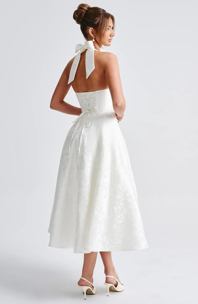 Olivia | Women's Jacquard Halter Neck Party Dress Open Back Flared Midi