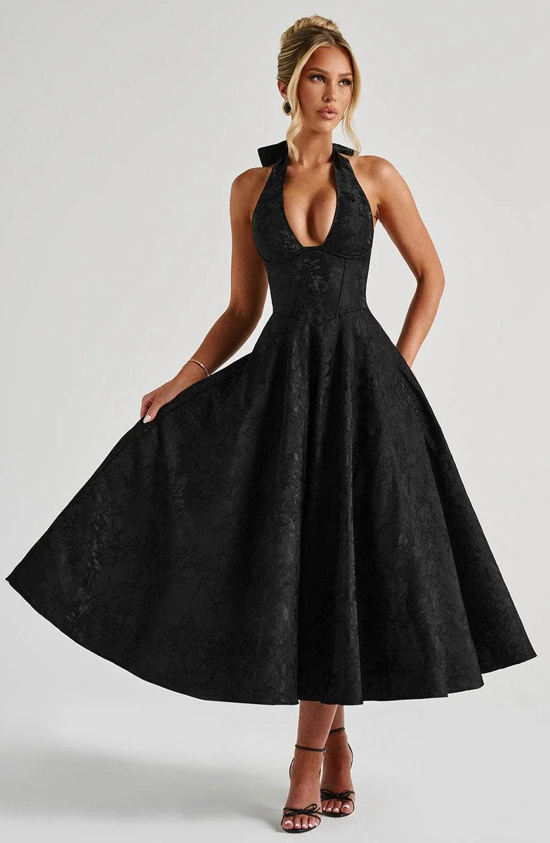 Olivia | Women's Jacquard Halter Neck Party Dress Open Back Flared Midi