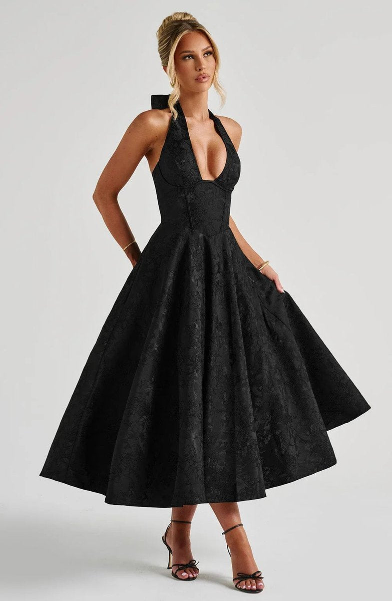 Olivia | Women's Jacquard Halter Neck Party Dress Open Back Flared Midi